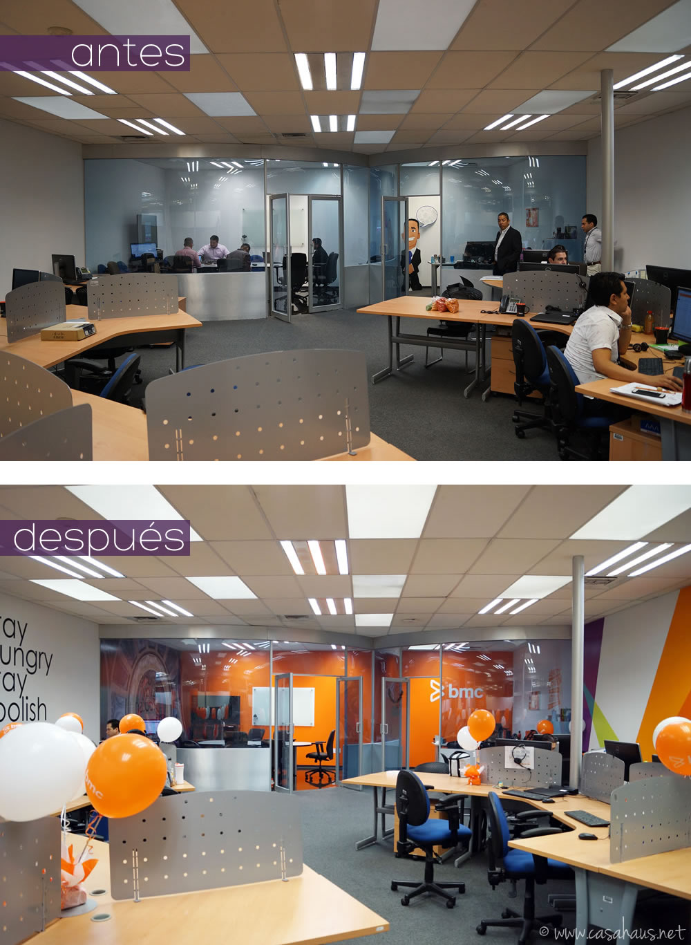 BMC Software corporate office design (paint and decal only makeover) / Transformación de oficinas con sólo pintura y viniles por Casa Haus Deco