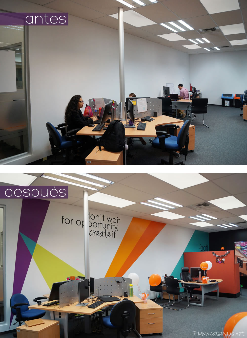 BMC Software corporate office design (paint and decal only makeover) / Transformación de oficinas con sólo pintura y viniles por Casa Haus Deco
