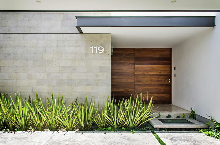 Entrada contemporánea con concreto, puerta de madera y plantas